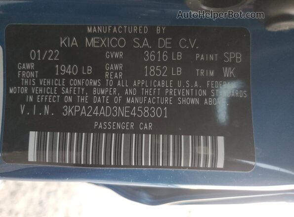 3KPA24AD3NE458301 2022 KIA RIO Blue Widok komory silnika
