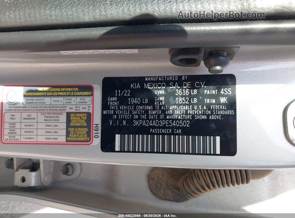 3KPA24AD3PE540502 2023 KIA RIO Silver Շարժիչի բաժամունքի տեսք