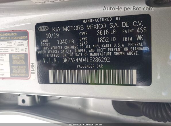 3KPA24AD4LE286292 2020 KIA RIO Silver Շարժիչի բաժամունքի տեսք