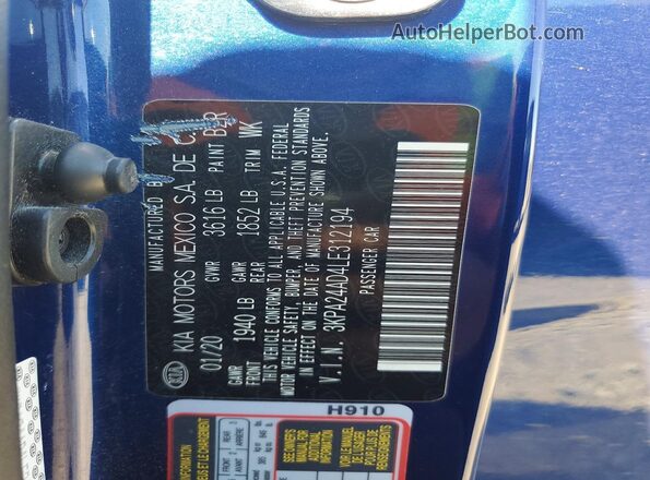 3KPA24AD4LE312194 2020 KIA RIO Blue VIN sticker view