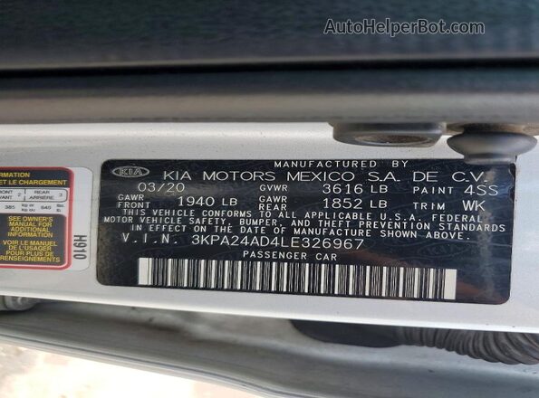 3KPA24AD4LE326967 2020 KIA RIO Silver Engine compartment view
