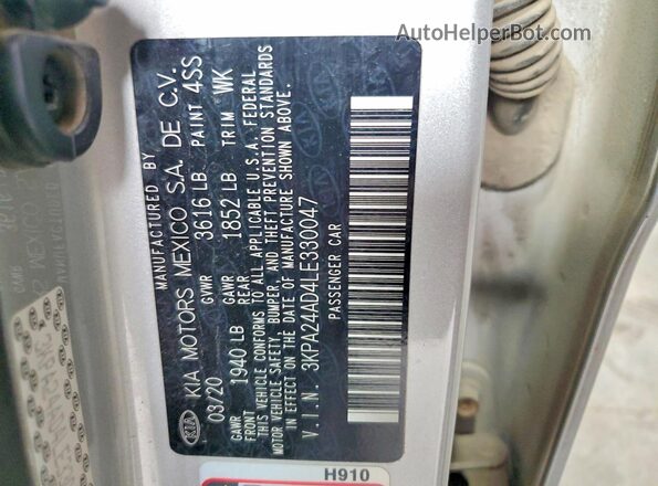 3KPA24AD4LE330047 2020 KIA RIO Silver VIN sticker view