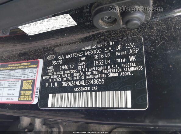 3KPA24AD4LE343655 2020 KIA RIO Black Շարժիչի բաժամունքի տեսք