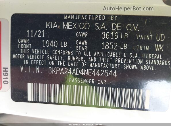 3KPA24AD4NE442544 2022 KIA RIO White Widok komory silnika
