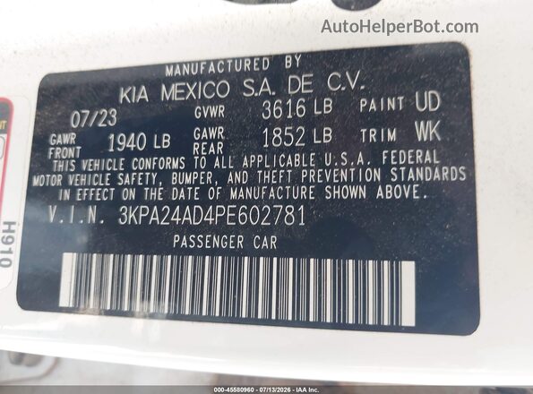 3KPA24AD4PE602781 2023 KIA RIO White Շարժիչի բաժամունքի տեսք