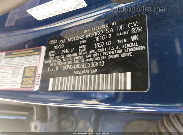 3KPA24AD5LE336813 2020 KIA RIO Blue ძრავის განყოფილების ხედი