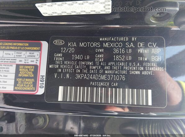 3KPA24AD5ME371076 2021 KIA RIO Black ძრავის განყოფილების ხედი