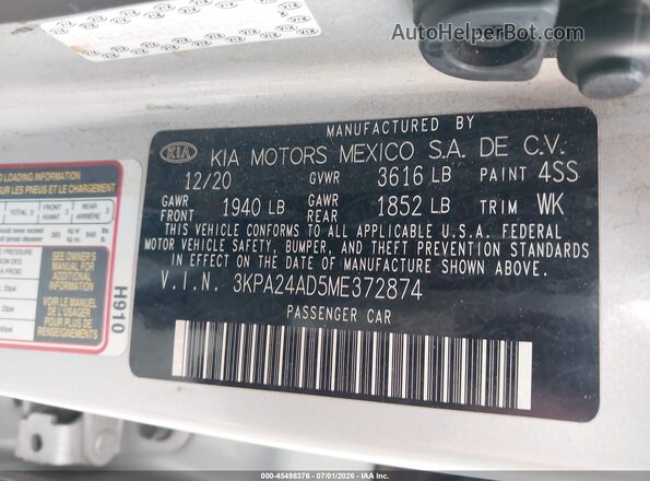 3KPA24AD5ME372874 2021 KIA RIO Silver ძრავის განყოფილების ხედი