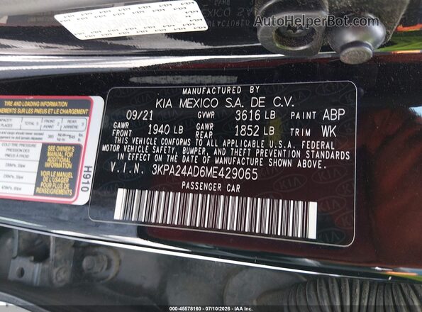 3KPA24AD6ME429065 2021 KIA RIO Черный Вид подкапотного пространства