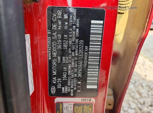 3KPA24AD7LE283239 2020 KIA RIO Красный Вид подкапотного пространства