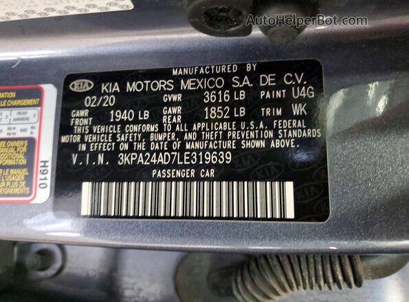 3KPA24AD7LE319639 2020 KIA RIO Gray Vista del compartimento del motor