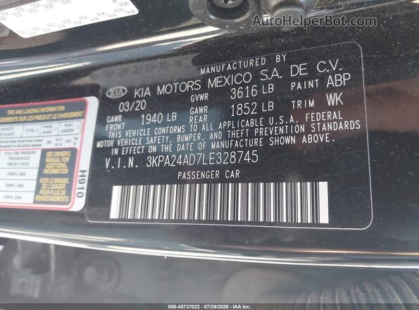 3KPA24AD7LE328745 2020 KIA RIO Black Widok komory silnika