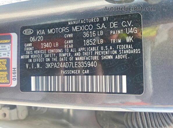 3KPA24AD7LE335940 2020 KIA RIO Gray Widok komory silnika