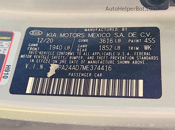 3KPA24AD7ME374416 2021 KIA RIO Silver VIN კოდის სტიკერის ხედი