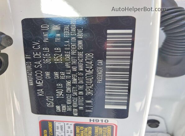 3KPA24AD7ME404708 2021 KIA RIO White VIN კოდის სტიკერის ხედი