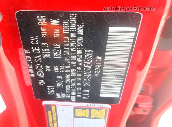 3KPA24AD7ME426269 2021 KIA RIO Red VIN sticker view