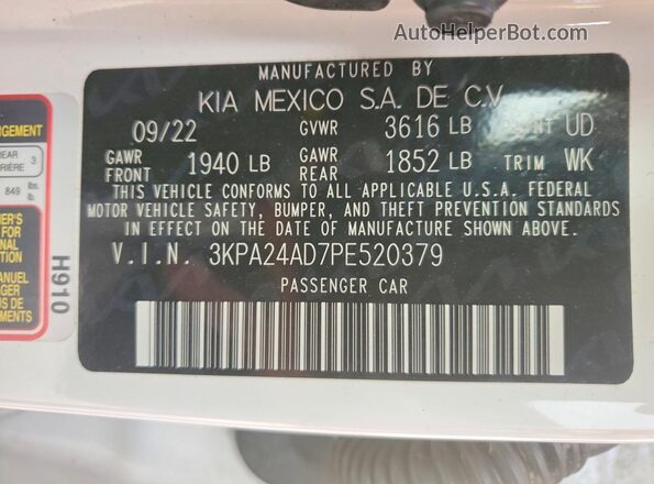 3KPA24AD7PE520379 2023 KIA RIO White VIN კოდის სტიკერის ხედი