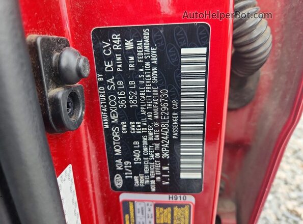 3KPA24AD8LE296730 2020 KIA RIO Red Вид наклейки з VIN-кодом