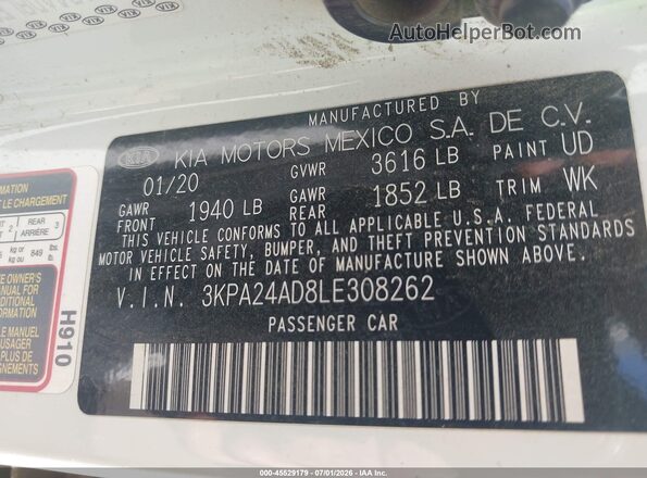 3KPA24AD8LE308262 2020 KIA RIO White Engine compartment view