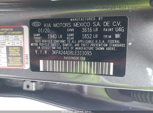 3KPA24AD8LE311095 2020 KIA RIO Gray Engine compartment view