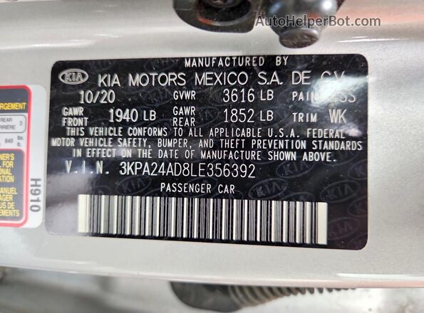 3KPA24AD8LE356392 2020 KIA RIO Silver Вид наклейки з VIN-кодом