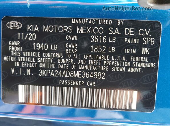3KPA24AD8ME364882 2021 KIA RIO Синий Вид подкапотного пространства