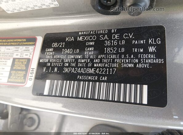 3KPA24AD8ME422117 2021 KIA RIO Gray Вид підкапотного простору