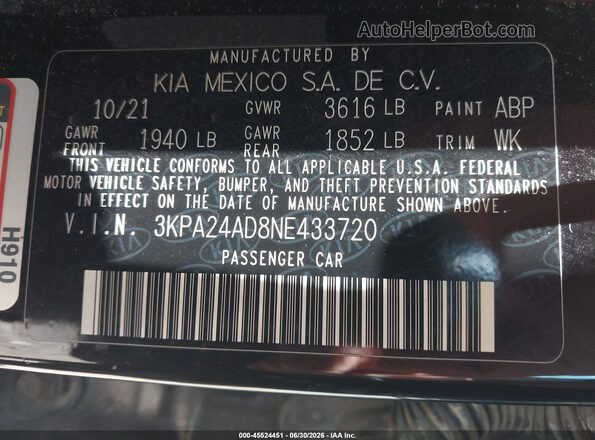 3KPA24AD8NE433720 2022 KIA RIO Black ძრავის განყოფილების ხედი