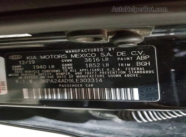 3KPA24AD9LE303314 2020 KIA RIO Black Вид підкапотного простору