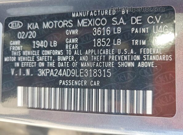3KPA24AD9LE318315 2020 KIA RIO Gray VIN sticker view
