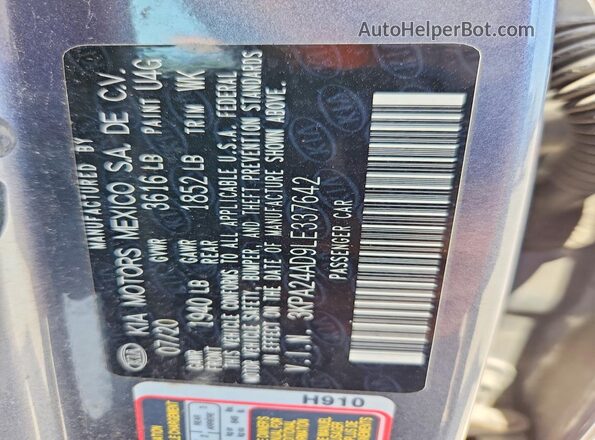 3KPA24AD9LE337642 2020 KIA RIO Gray Widok komory silnika