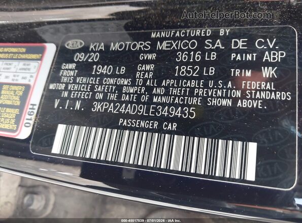 3KPA24AD9LE349435 2020 KIA RIO Black Շարժիչի բաժամունքի տեսք