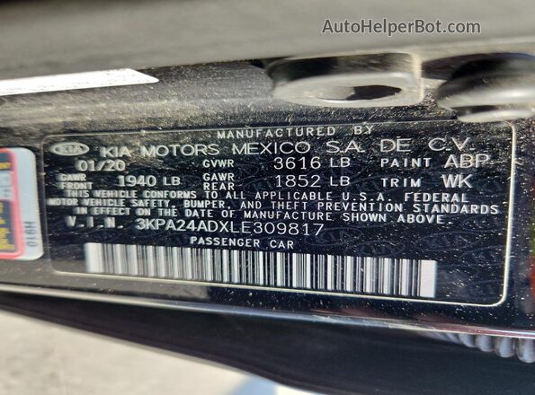 3KPA24ADXLE309817 2020 KIA RIO Black Vista del compartimento del motor