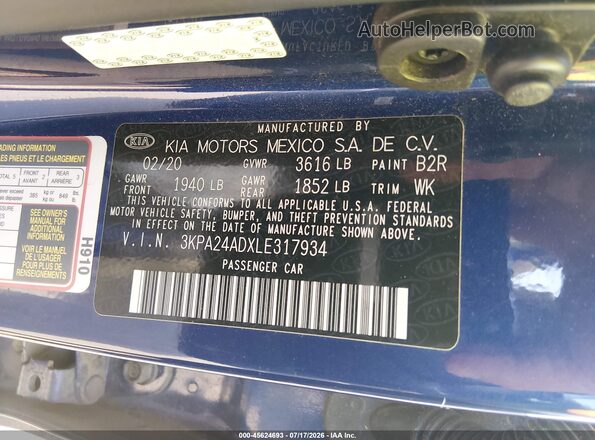 3KPA24ADXLE317934 2020 KIA RIO Синий Вид подкапотного пространства