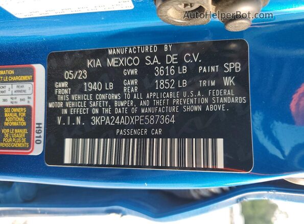 3KPA24ADXPE587364 2023 KIA RIO Blue Շարժիչի բաժամունքի տեսք