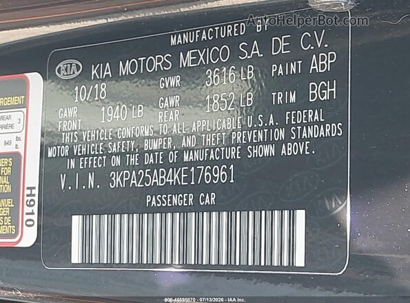3KPA25AB4KE176961 2019 KIA RIO 5-DOOR Black Շարժիչի բաժամունքի տեսք