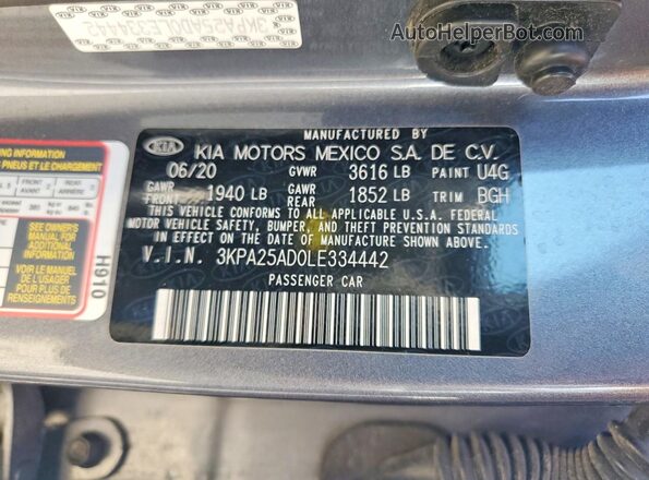3KPA25AD0LE334442 2020 KIA RIO Gray VIN կոդի պիտակի տեսք