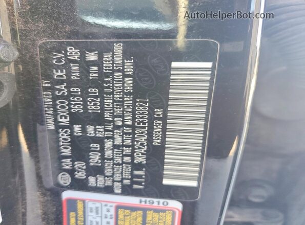 3KPA25AD3LE333821 2020 KIA RIO Black ძრავის განყოფილების ხედი