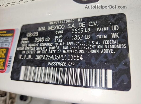 3KPA25AD5PE613584 2023 KIA RIO White VIN კოდის სტიკერის ხედი