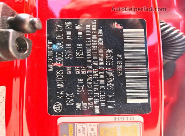 3KPA25AD7LE333496 2020 KIA RIO Red Вид підкапотного простору