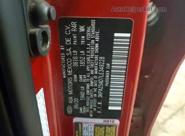 3KPA25AD7LE349228 2020 KIA RIO Red Vista del compartimento del motor