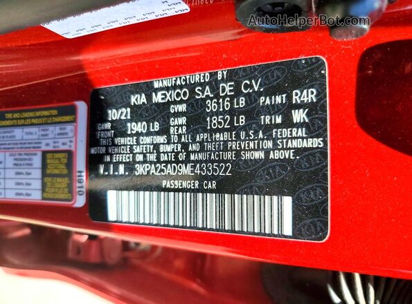 3KPA25AD9ME433522 2021 KIA RIO Red VIN sticker view