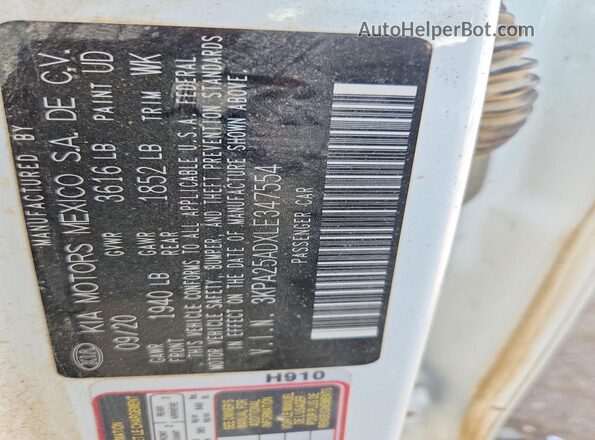 3KPA25ADXLE347554 2020 KIA RIO White Engine compartment view