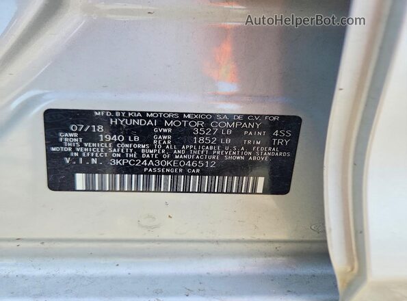 3KPC24A30KE046512 2019 HYUNDAI ACCENT Silver ძრავის განყოფილების ხედი