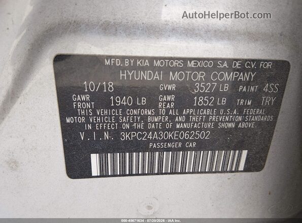 3KPC24A30KE062502 2019 HYUNDAI ACCENT Gray Engine compartment view