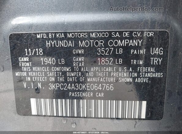 3KPC24A30KE064766 2019 HYUNDAI ACCENT Gray Вид підкапотного простору