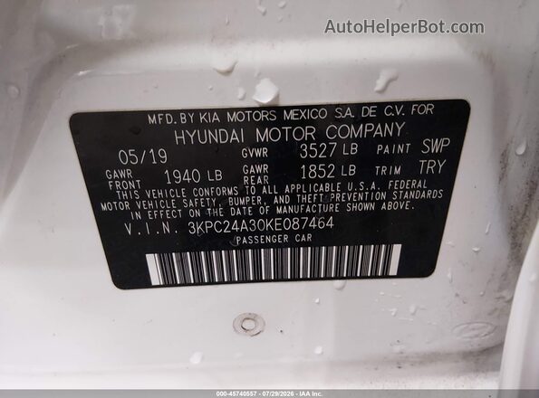 3KPC24A30KE087464 2019 HYUNDAI ACCENT White Շարժիչի բաժամունքի տեսք