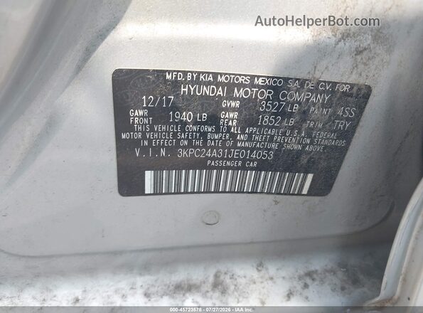 3KPC24A31JE014053 2018 HYUNDAI ACCENT Silver Вид підкапотного простору