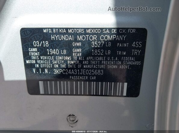 3KPC24A31JE025683 2018 HYUNDAI ACCENT Silver Շարժիչի բաժամունքի տեսք