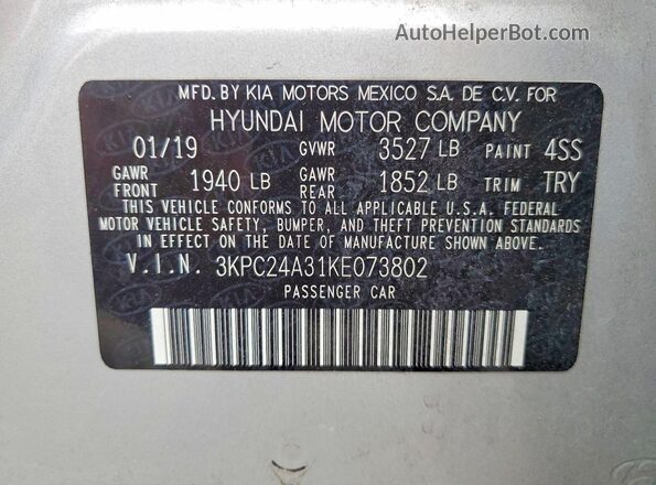 3KPC24A31KE073802 2019 HYUNDAI ACCENT Серебряный Вид наклейки с VIN-кодом